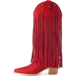 Red Rhinestone Cowgirl Boots Women Sparkly Western Mid Calf Chunky Heel Shoes
